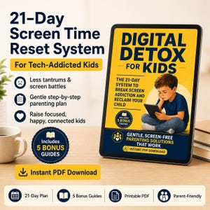 Op de afbeelding: Een digitale tablet met een 21-daags schermtijd-reset-systeem voor kinderen. Het scherm toont een geel en blauw ontwerp met tekst zoals Digital Detox for Kids, een 21-daags systeem om schermverslaving te doorbreken en 5 bonusgidsen.