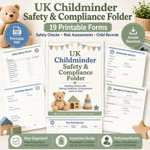 Peut inclure: Un dossier de sécurité et de conformité pour assistante maternelle au Royaume-Uni comprenant 19 formulaires PDF imprimables, incluant des contrôles de sécurité, des registres d'accidents, de médicaments et de contacts d'urgence avec des oursons.