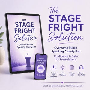 Public Speaking Anxiety PDF, Stage Fright Help Guide, Presentation Confidence Workbook, Interview & Zoom Anxiety Tools, Rain Calm Audio