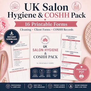 Peut inclure: Un pack numérique UK Salon Hygiene & COSHH comprenant 16 formulaires imprimables, dont une liste de contrôle quotidienne, un journal de désinfection, un inventaire de produits et une fiche de consultation client, en rose et bleu marine.