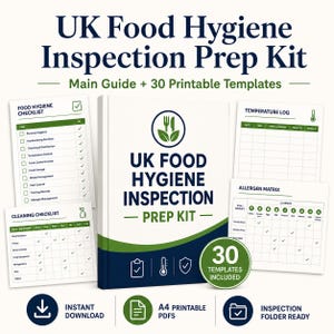 May include: A UK Food Hygiene Inspection Prep Kit featuring a main guide and 30 printable templates. The kit includes a food hygiene checklist, cleaning checklist, temperature log, and allergen matrix, all designed for A4 printable PDF format.