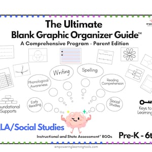 Könnte beinhalten: Ein weißer Grafik-Organizer-Leitfaden mit blauem Rand, betitelt "The Ultimate Blank Graphic Organizer Guide". Er enthält Abschnitte für Schreiben, Rechtschreibung und Leseverständnis, mit dem Text "Pre-K - 6th."