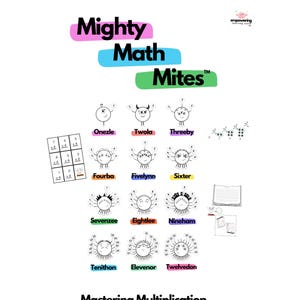 Pode incluir: Gráfico educacional branco com o texto "Mighty Math Mites" em rosa, azul e verde. Apresenta personagens de desenhos animados, tabelas de multiplicação e o texto "Mastering Multiplication". O site empoweringlearningtools.com também é visível.
