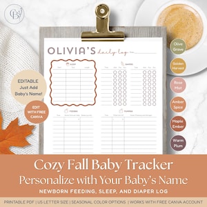 Puede incluir: Un rastreador de bebé imprimible con el texto "Olivia's daily log" y "Cozy Fall Baby Tracker". Incluye secciones para dormir, pañales, alimentación y extracción. El diseño tiene un tema otoñal, con una taza de café en el fondo.