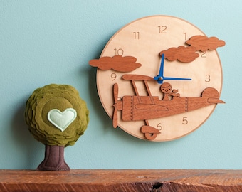 Airplane Wood Nursery Wall Clock, Baby Kids