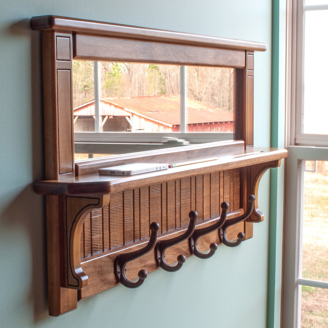 Wall Mirror Shelf & Coat Rack With Hooks Entryway Organization Wooden
