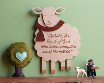 Lamb of God Wood Sheep Wall Hanging: Christian Scripture Sign