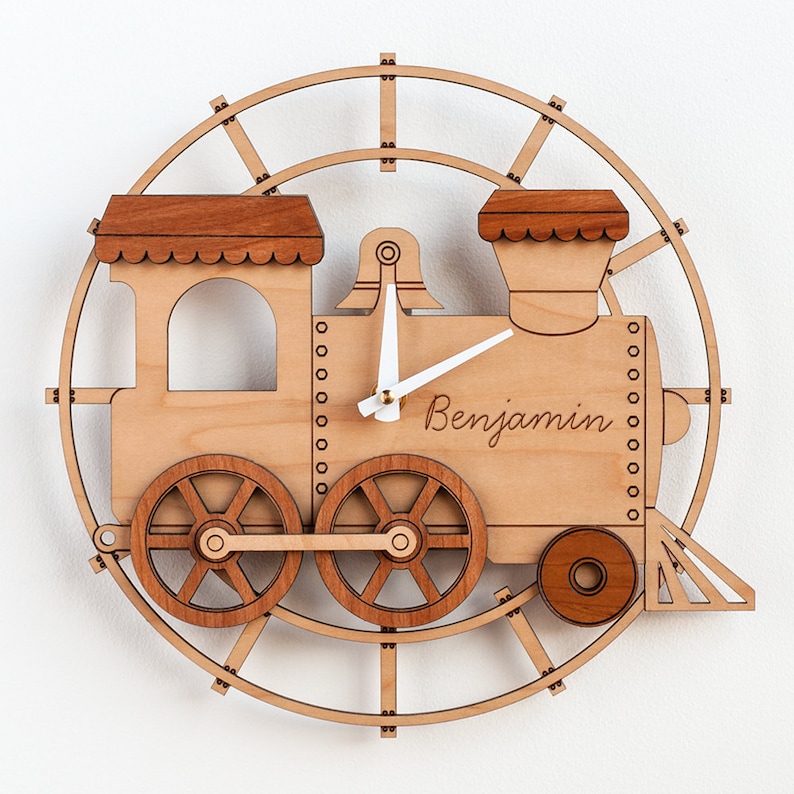 Train Wooden Nursery Wall Clock Personalized, Baby Kids image 8