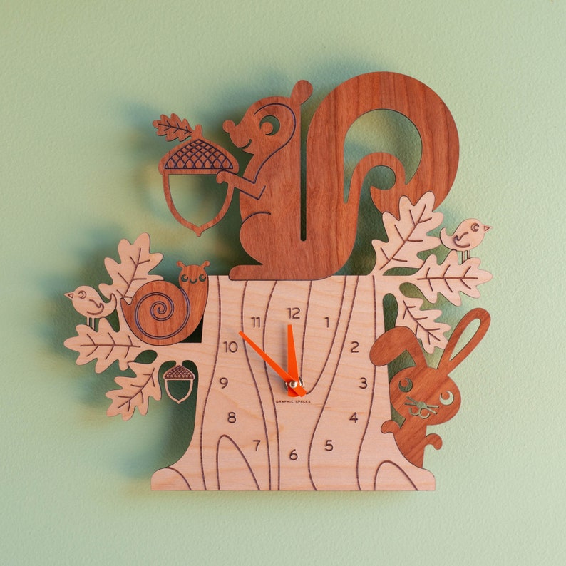Squirrel Wood Wall Nursery Clock, Baby, Kids Pumpkin
