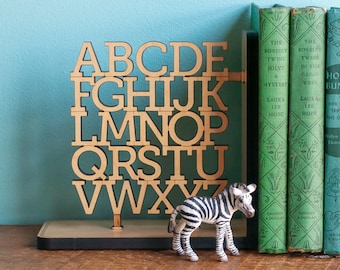 Wooden Alphabet Nursery Bookends: ABC Room Decor, Wood Letters for Baby, Kids, Typography or Teacher Gift, Set of (2)