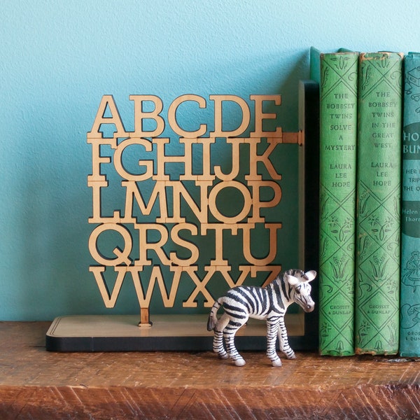 Wooden Alphabet Nursery Bookends: ABC Room Decor, Wood Letters for Baby, Kids, Typography or Teacher Gift, Set of (2)