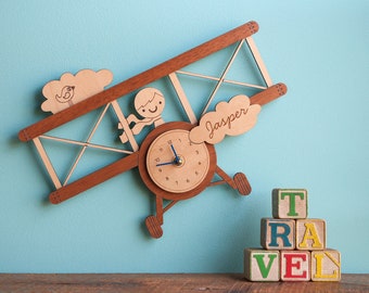 Airplane Wood Nursery Wall Clock: Personalized Baby Kids