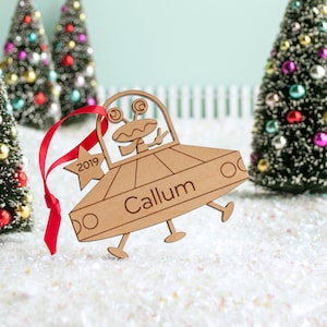 Outer Space UFO Wood Christmas Ornament Personalized, Baby&#39;s First, Kids 2025