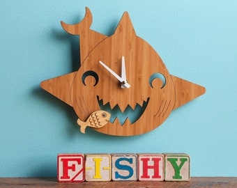 Happy Shark Bamboo Wood Wall Nursery Clock, Baby Kids