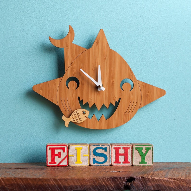 Happy Shark Bamboo Wood Wall Nursery Clock, Baby Kids image 1