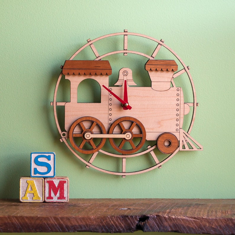 Train Wooden Nursery Wall Clock Personalized, Baby Kids Red