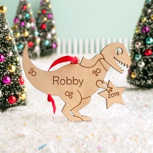 T-Rex Dinosaur Wood Christmas Ornament Personalized, Baby's First, Kids 2024 Name + Year
