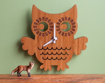 Owl Bamboo Wood Nursery Wall Clock, Baby Kids