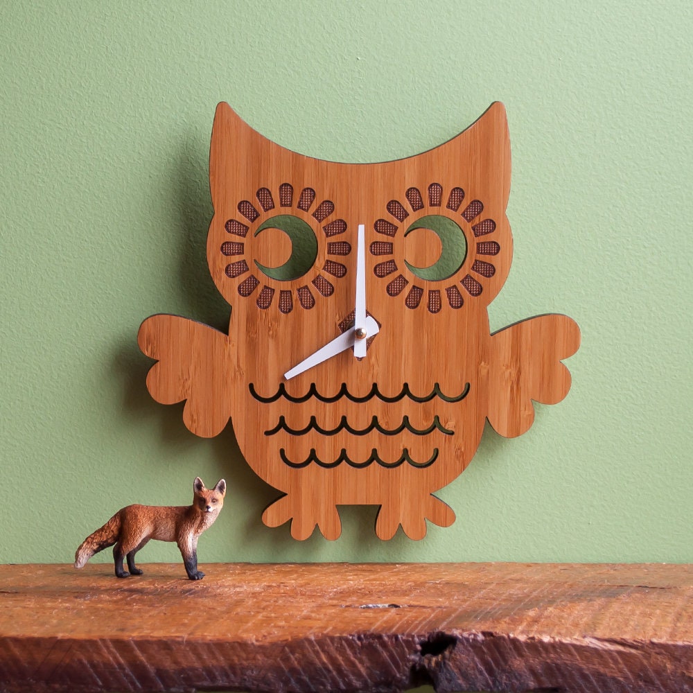 Owl Bamboo Wood Nursery Wall Clock, Baby Kids