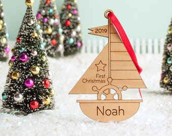 Sailboat Wood Christmas Ornament Personalized, Baby's First, Kids 2026