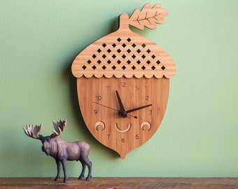 Acorn Bamboo Wood Nursery Wall Clock, Baby Kids