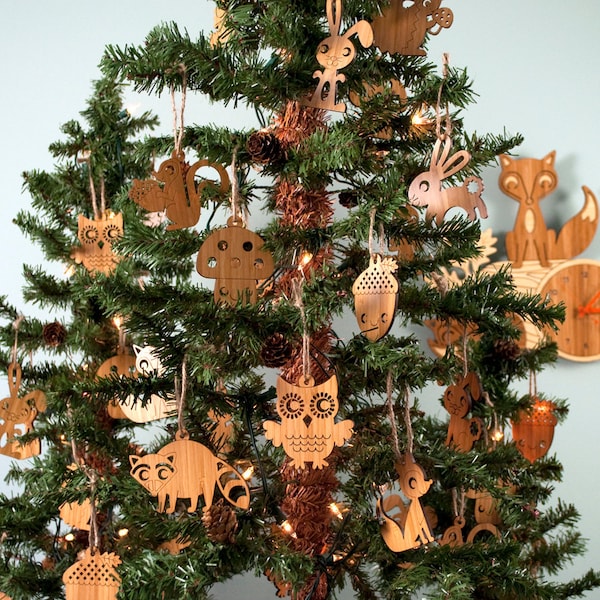 Wooden Animal Ornaments: Woodland Christmas Owl, Fox, Hedgehog, Ocean Shark, Fish, Turtle, Arctic Moose, Polar Bear, Penguin (Choice of 2)