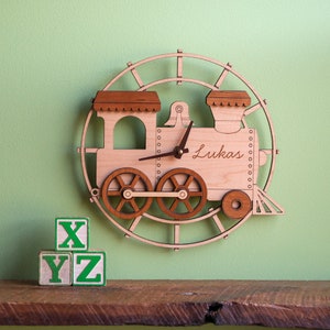 Train Wood Nursery Wall Clock Personalized, Baby Kids Chocolate