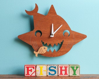 Happy Shark Wood Nursery Wall Clock, Baby Kids