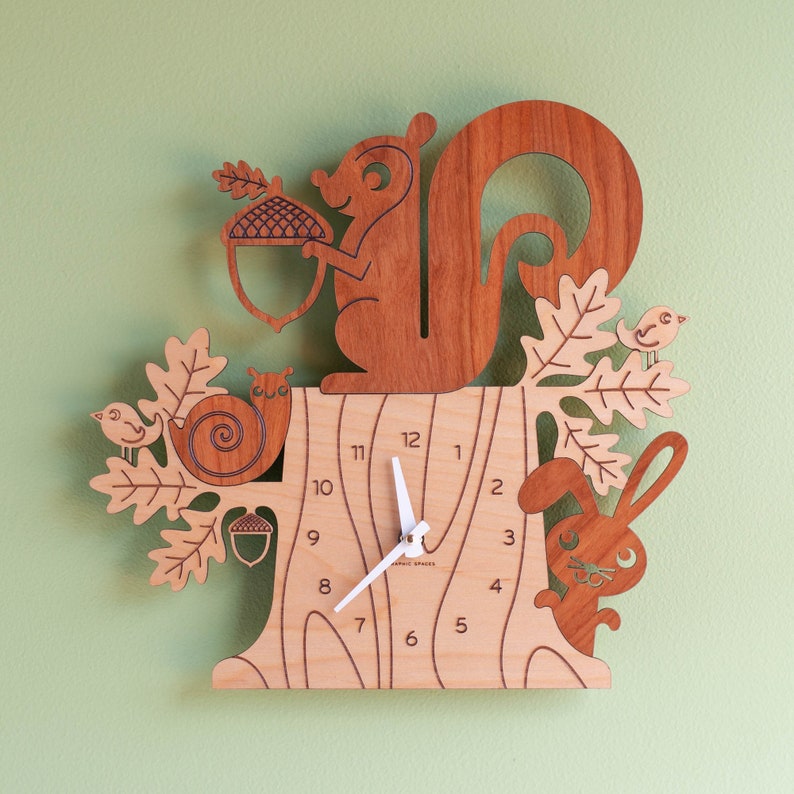 Squirrel Wood Wall Nursery Clock, Baby, Kids Marshmallow