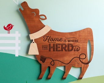 Home is Where the Herd Is Cow Sign: Wood Wall Hanging Cattle Farmhouse Decor