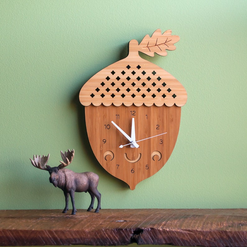 Happy Acorn Bamboo Nursery Wall Clock Baby Kids Etsy