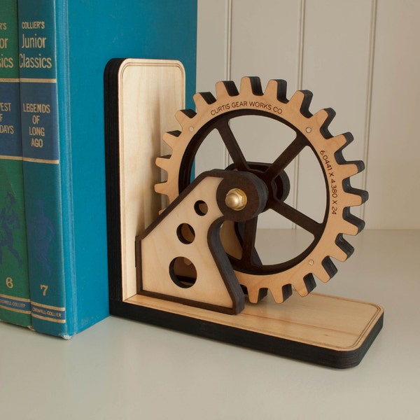 Wood Gear Industrial Bookend: Wooden Mechanical Engineer Gift Steampunk Gear, Office Organizer Personalized for Men, Dad, Father Gift (1)