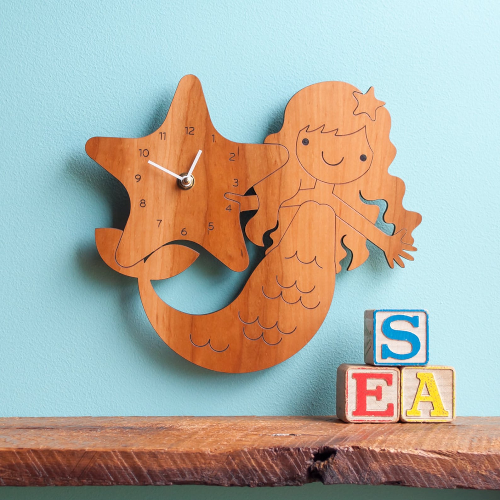 Mermaid Wood Nursery Wall Clock Baby Kids Etsy Ireland