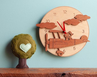 Airplane Wood Nursery Wall Clock, Baby Kids