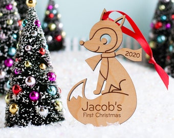 Fox Wood Christmas Ornament Personalized, Baby's First, Kids 2024