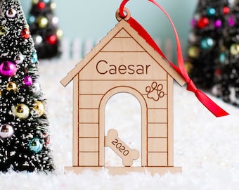 Dog House Wood Christmas Ornament Personalized, Puppy's First, Kids 2024