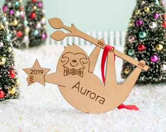 Sloth Wood Christmas Ornament Personalized, Baby's First, Kids 2024