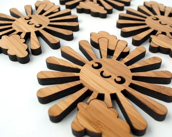 Happy Sun Bamboo Wood Coaster Gift Set