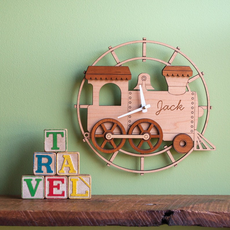 Train Wood Nursery Wall Clock Personalized, Baby Kids White