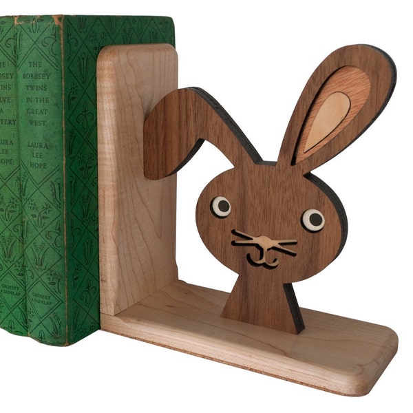 Wood Bunny Nursery Bookend: Woodland Animal Baby Wooden Heirloom Rabbit Bookend, Kids Room Decor (1)