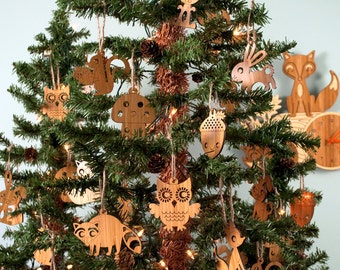 Wood Animal Ornaments: Woodland Christmas Owl, Fox, Acorn, Squirrel, Hedgehog, Raccoon, Bunny, Mushroom, Bamboo Wood (Choice of 2)