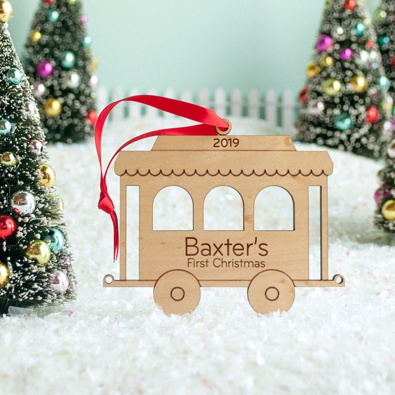 Train Car Wood Christmas Ornament Personalized, Baby's First, Kids 2024 Coach Car Name + 1st Christmas