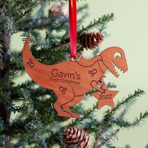 T-Rex Dinosaur Wood Christmas Ornament Personalized, Baby's First, Kids 2024 image 4