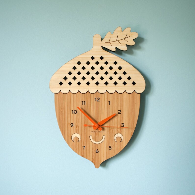 Happy Acorn Bamboo Nursery Wall Clock Baby Kids Etsy