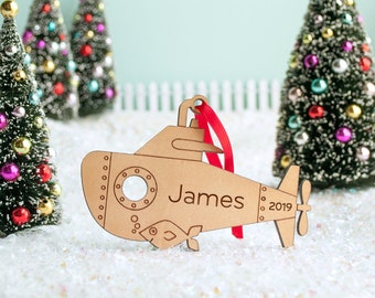 Submarine Wood Christmas Ornament Personalized, Baby's First, Kids 2024