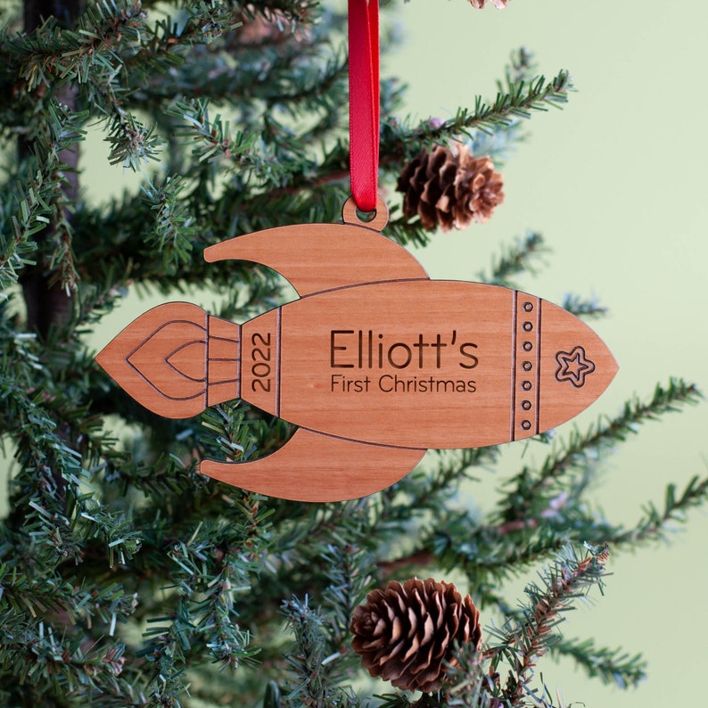 Rocket Wood Christmas Ornament Personalized, Baby's First, Kids 2024 image 3