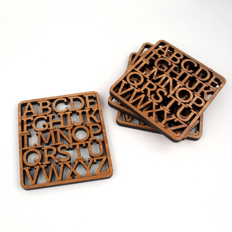 Alphabet Coasters Modern Typography Wood Coasters Set of 4 Etsy