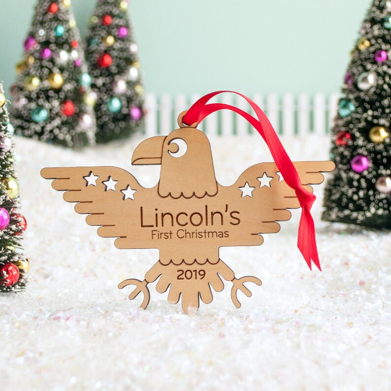 Eagle Wood Christmas Ornament Personalized, Baby's First, Kids 2024 Name + 1st Christmas