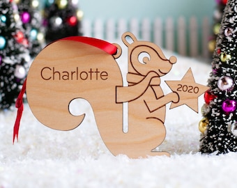 Squirrel Wood Christmas Ornament Personalized, Baby's First, Kids 2024