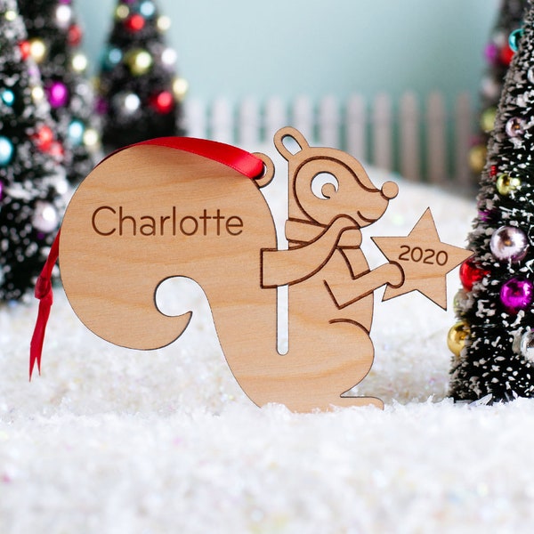 Squirrel Wood Christmas Ornament Personalized, Baby's First, Kids 2024